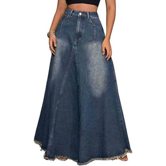 Dresses & Skirts - Women's High Waist Denim Skirt Full Length Frayed Raw Hem Flared A Line